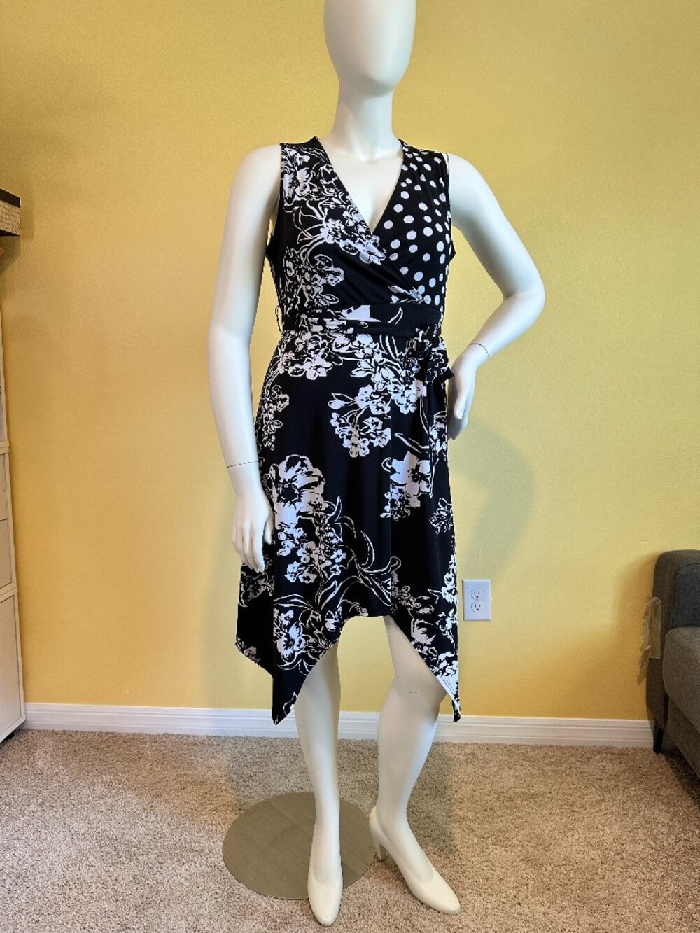 INC Black & White Floral Polka Dot Faux Wrap Dress | Handkerchief Hem